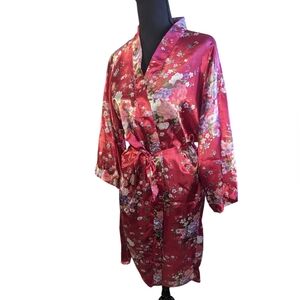 Luxurious Floral Satin Kimono Size L- Deep Red Pinks Japanese Style